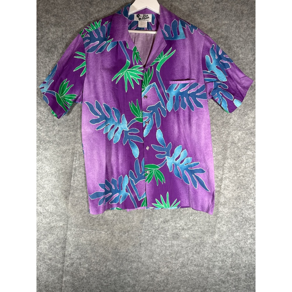 Hilo Hattie Mens XL Purple Tropical Leaf Cotton Short Sleeve Hawaiian Camp Shirt